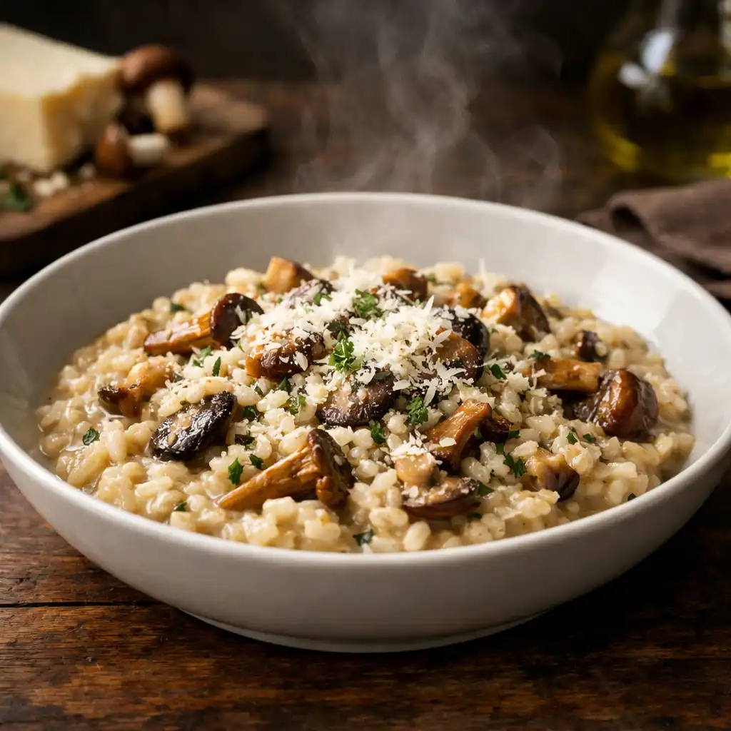 Kremowe risotto z grzybami leśnymi wykończone parmezanem