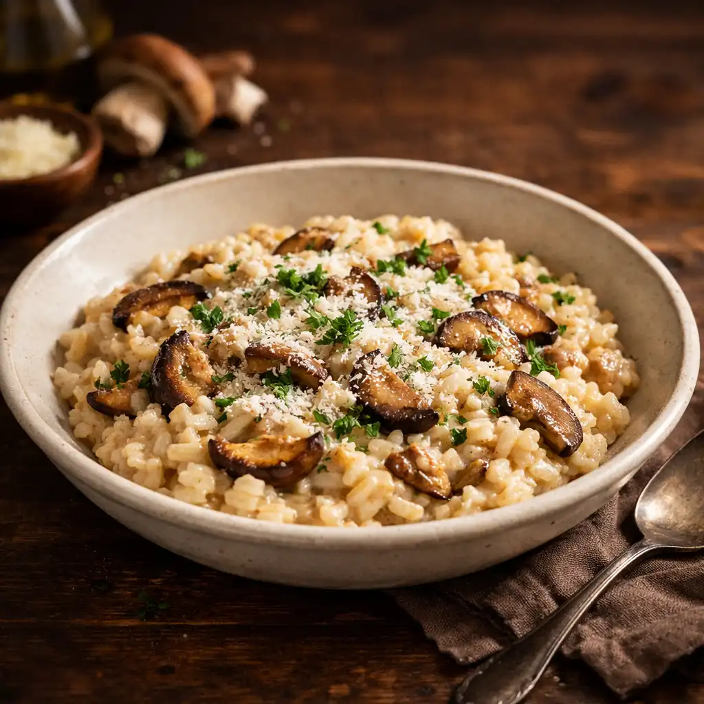Kremowe risotto z borowikami w głębokim talerzu