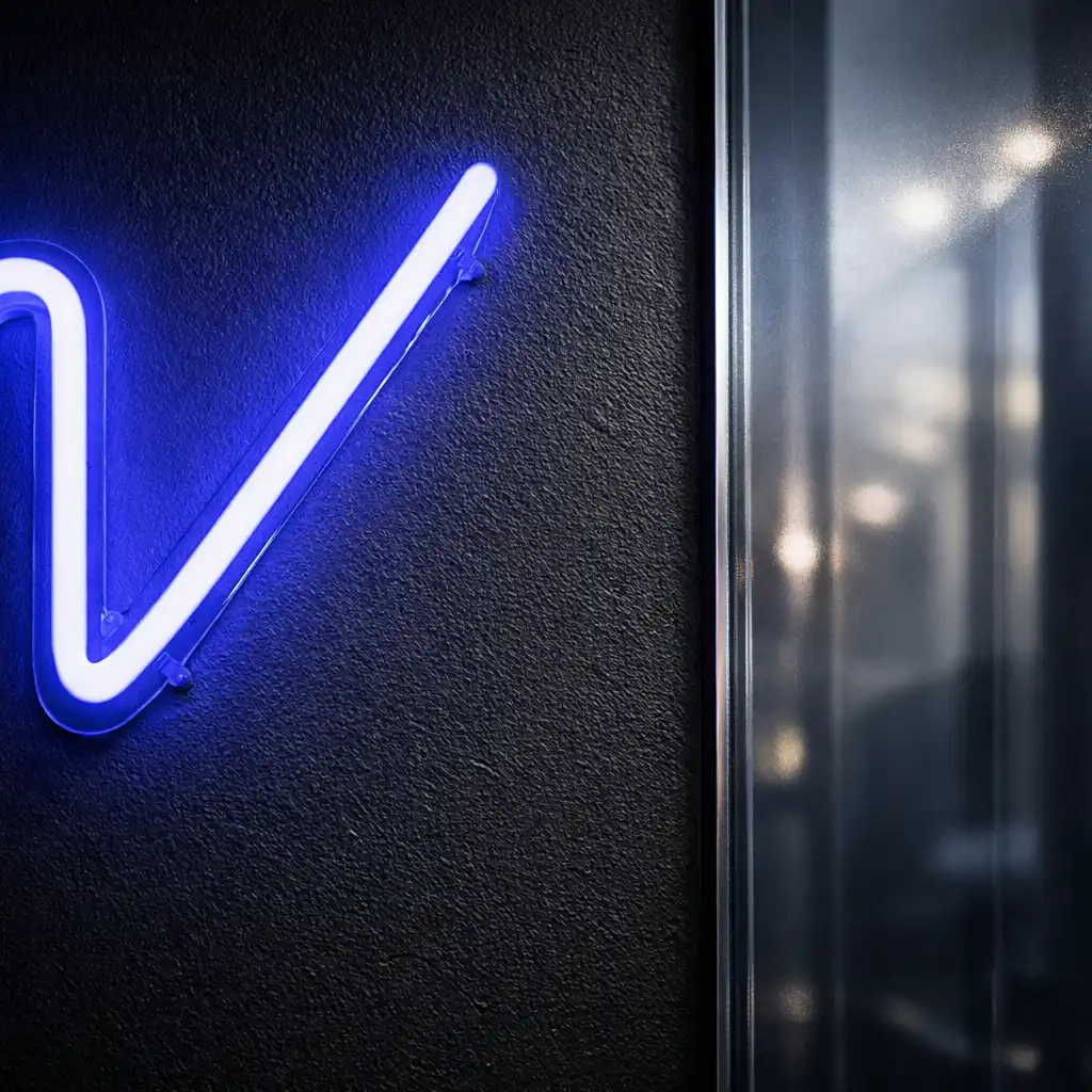 Neonowy akcent świetlny w kolorze indygo na ciemnej ścianie obok szklanego panelu w R.C. IMMOBILIER