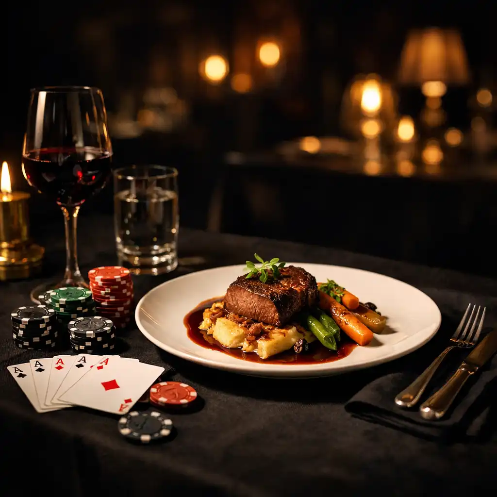 Elegancko nakryty stół w ciemnej restauracji z wykwintnym daniem, kartami do gry i żetonami pokerowymi