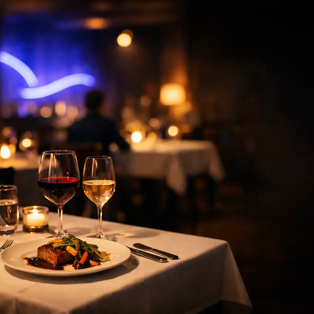 Elegancka restauracja R.C. IMMOBILIER wieczorem z nakrytym stołem, kieliszkami wina i neonowym światłem w tle