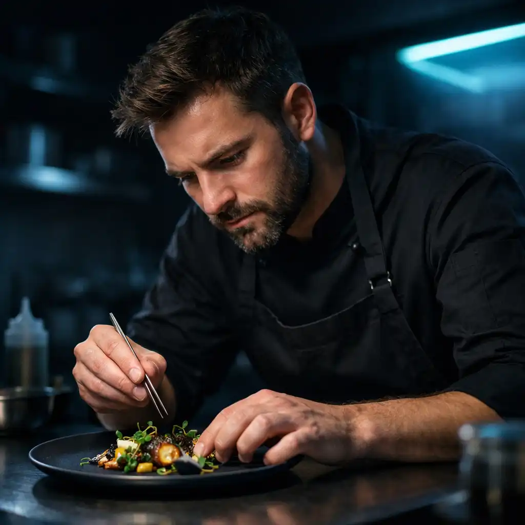 Sous chef Marek Nowak dekorujący talerz w nowoczesnej kuchni