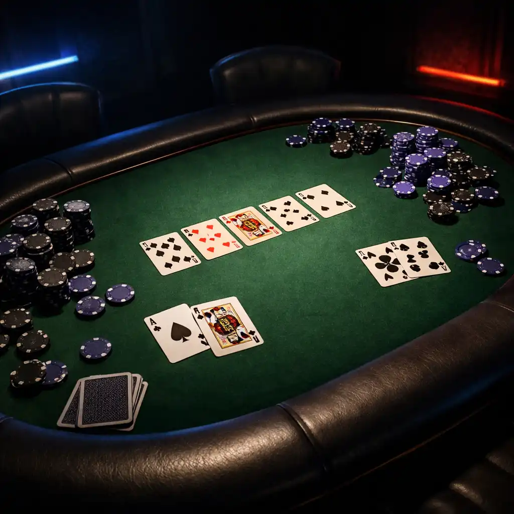 Stół pokerowy z zielonym suknem, rozłożonymi kartami i żetonami w ciemnym pomieszczeniu