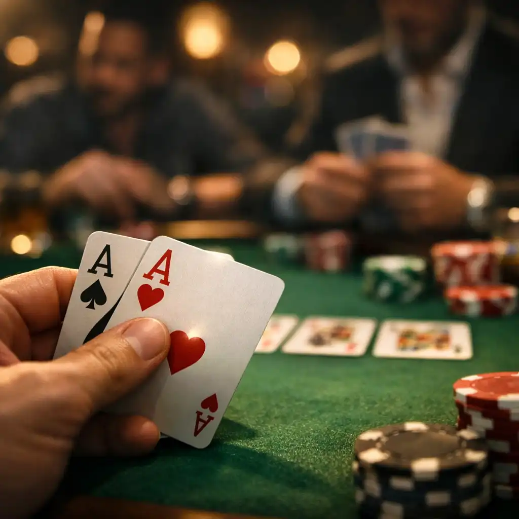 Zbliżenie na ręce graczy trzymających karty przy stole pokerowym, w tle rozmyte sylwetki