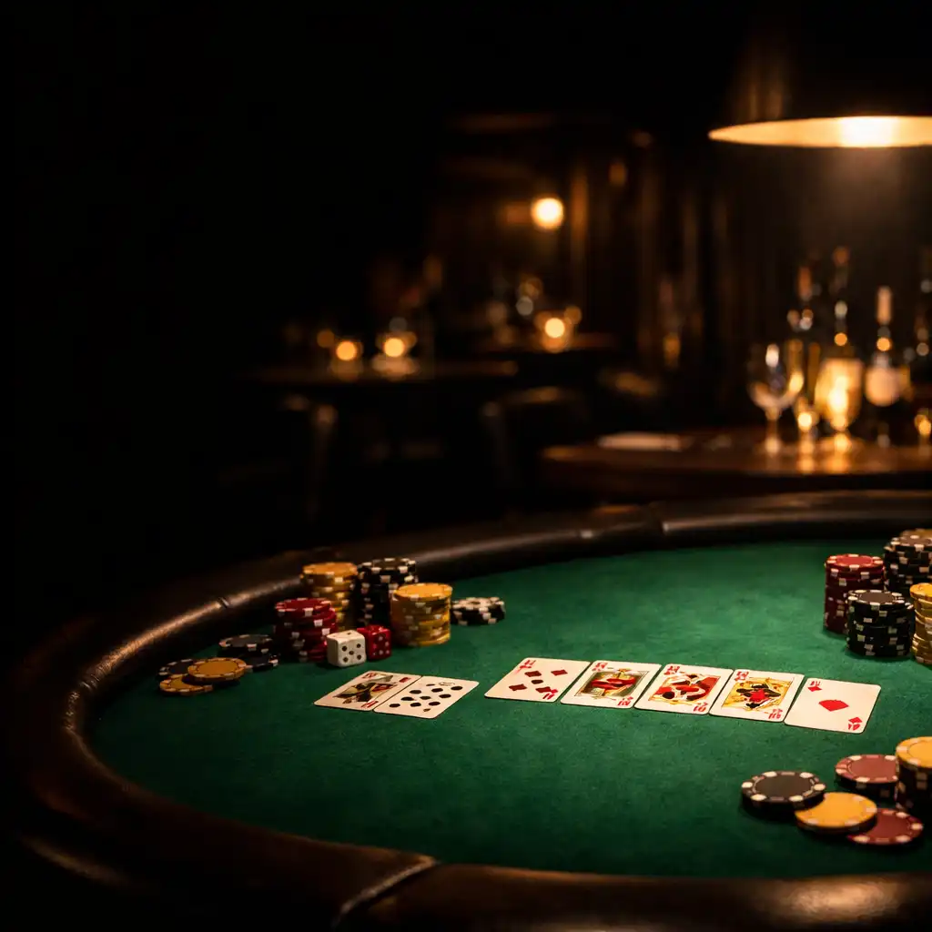 Elegancki stół pokerowy w ciemnym, luksusowym wnętrzu restauracji R.C. IMMOBILIER