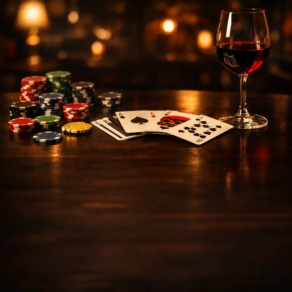 Ciemny, elegancki stół w R.C. IMMOBILIER z kartami do gry, żetonami pokerowymi i kieliszkiem czerwonego wina, w tle rozmyte ciepłe światło lamp