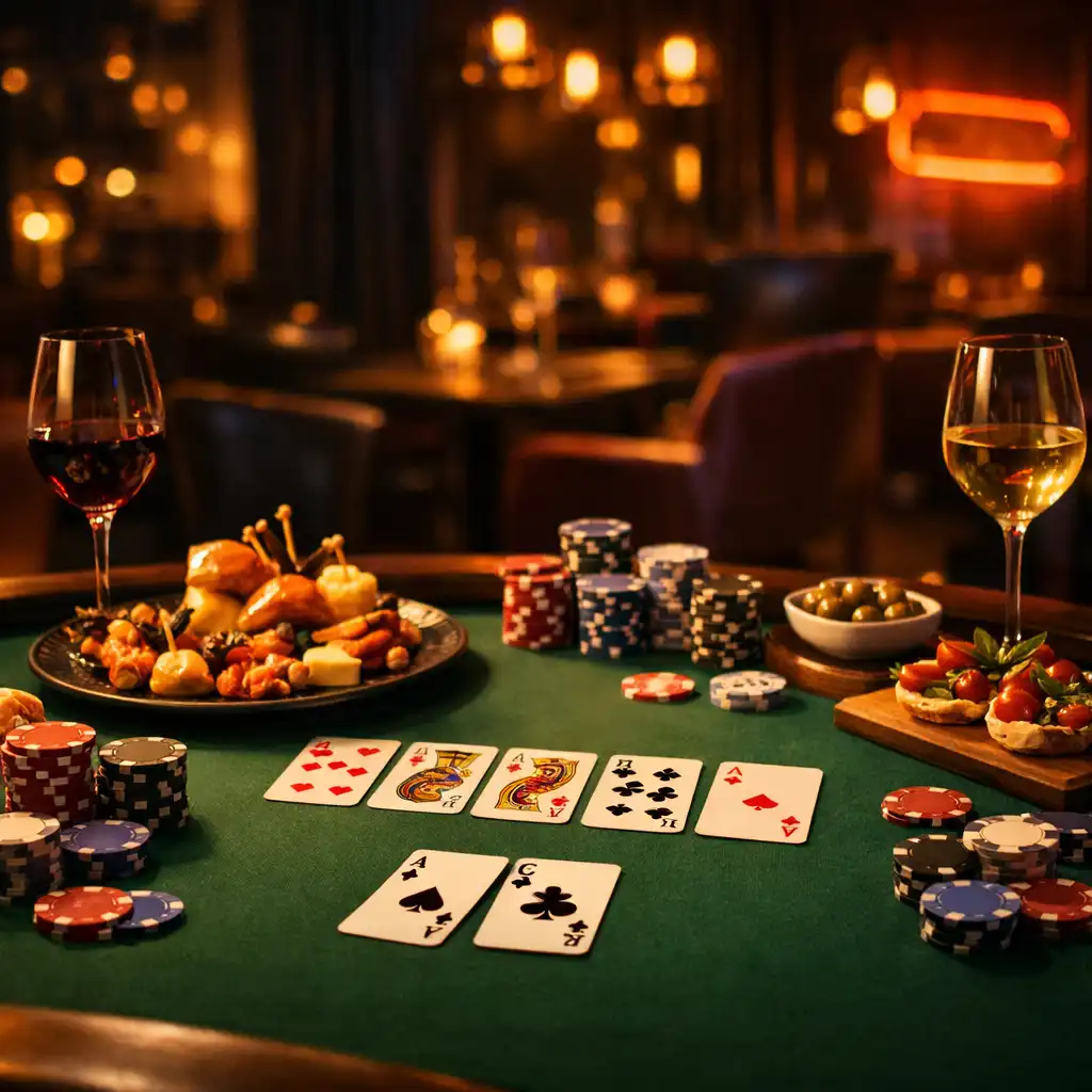 Stół pokerowy z kartami, żetonami i talerzem przekąsek w R.C. IMMOBILIER