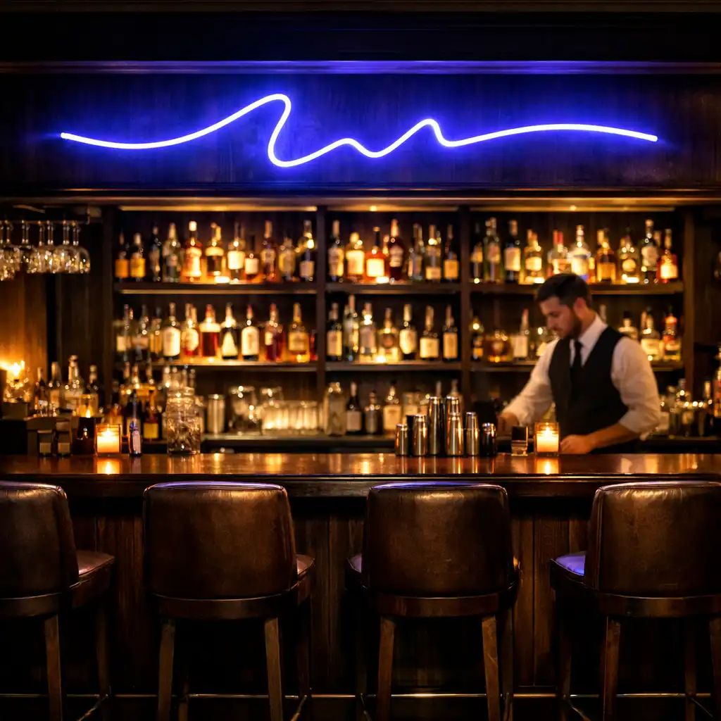 Bar w R.C. IMMOBILIER z podświetlanymi półkami pełnymi alkoholi, ciemnym drewnem i neonowym akcentem