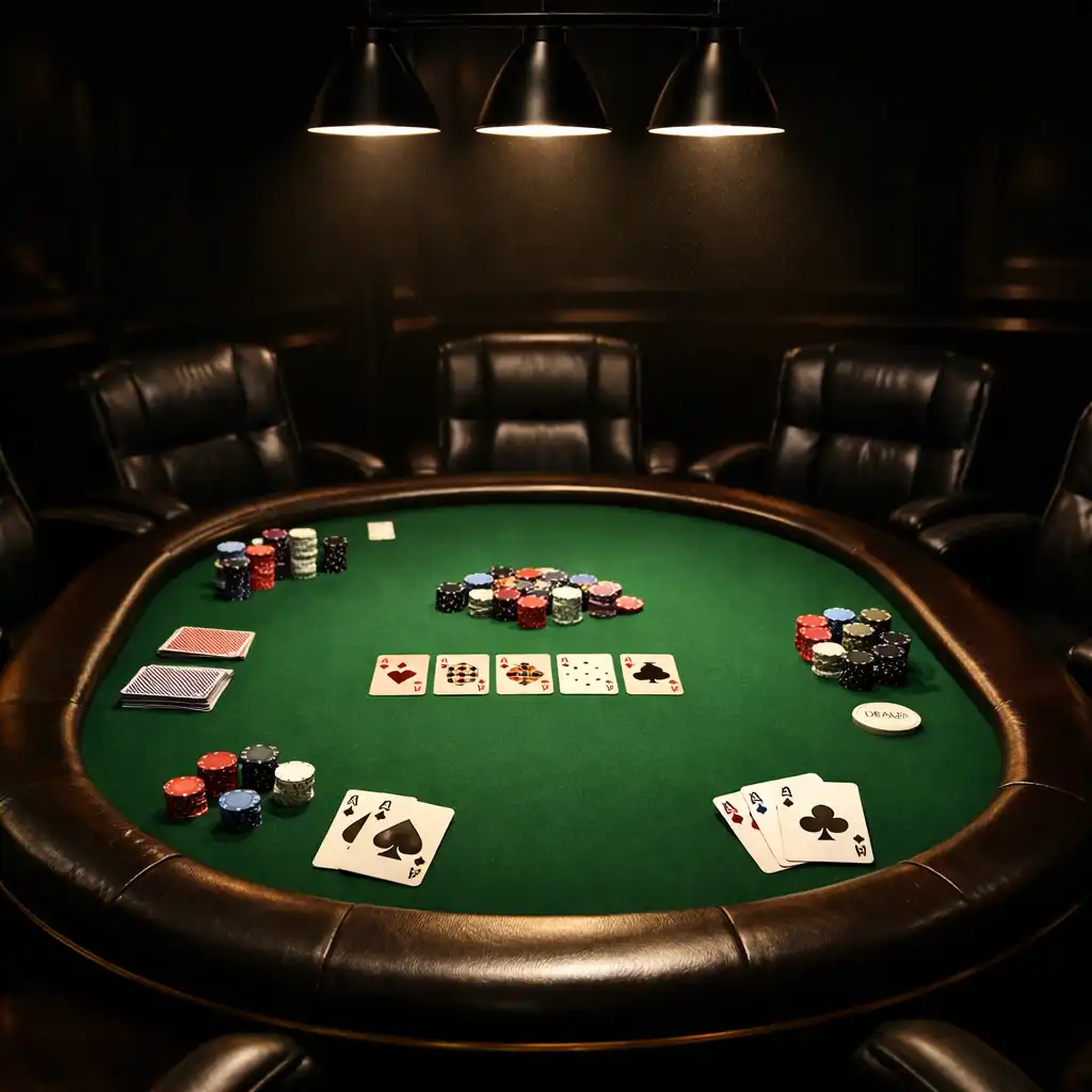 Stół pokerowy w R.C. IMMOBILIER z zielonym suknem, profesjonalnymi kartami, żetonami i skórzanymi fotelami