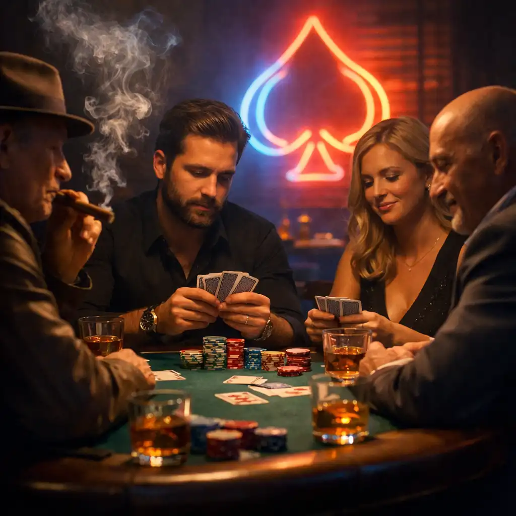 Wieczór pokerowy w R.C. IMMOBILIER – gracze przy stole z kartami, żetonami i kieliszkami whisky w nastrojowym świetle