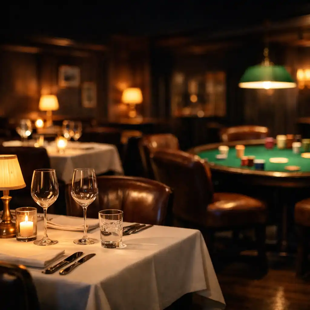 Eleganckie wnętrze restauracji wieczorem z ciemnymi ścianami, skórzanymi fotelami i stołem pokerowym w tle