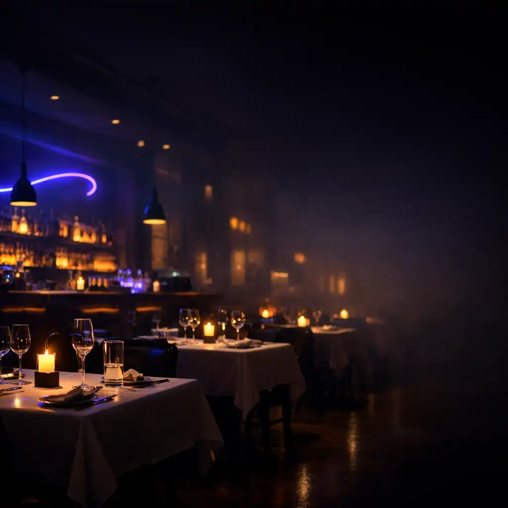 Eleganckie wnętrze restauracji R.C. IMMOBILIER nocą z ciemnymi stołami, świecami i podświetlanym barem